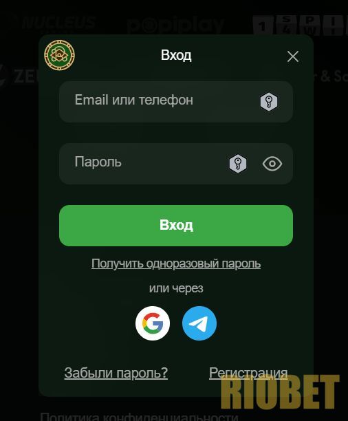 Форма авторизации Riobet